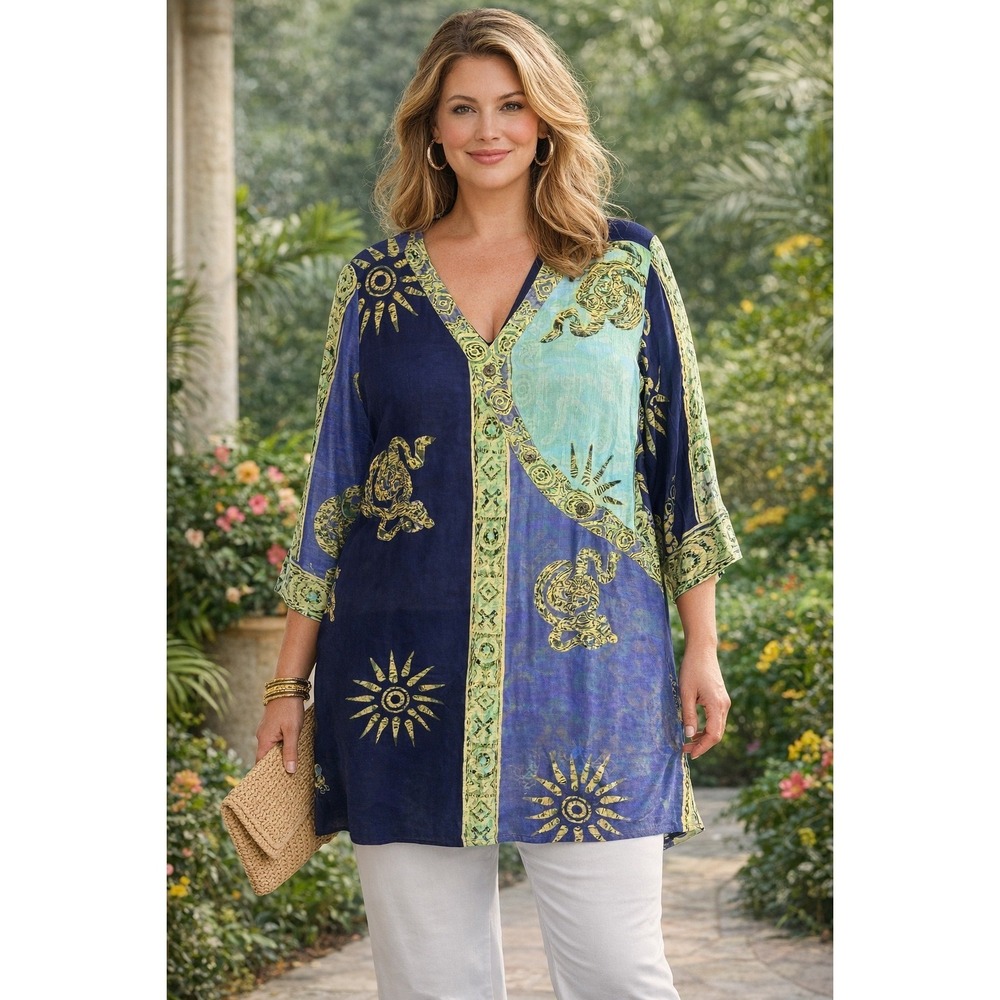Soft Surroundings Women 1X Tunic Top Purple Blue Sun Turtle Rayon Soft Boho
